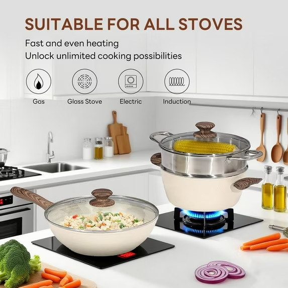 Gianna 17 Pcs Non-Stick Pots and Pans, Non-toxic Kitchen Cooking Set with Stay-C