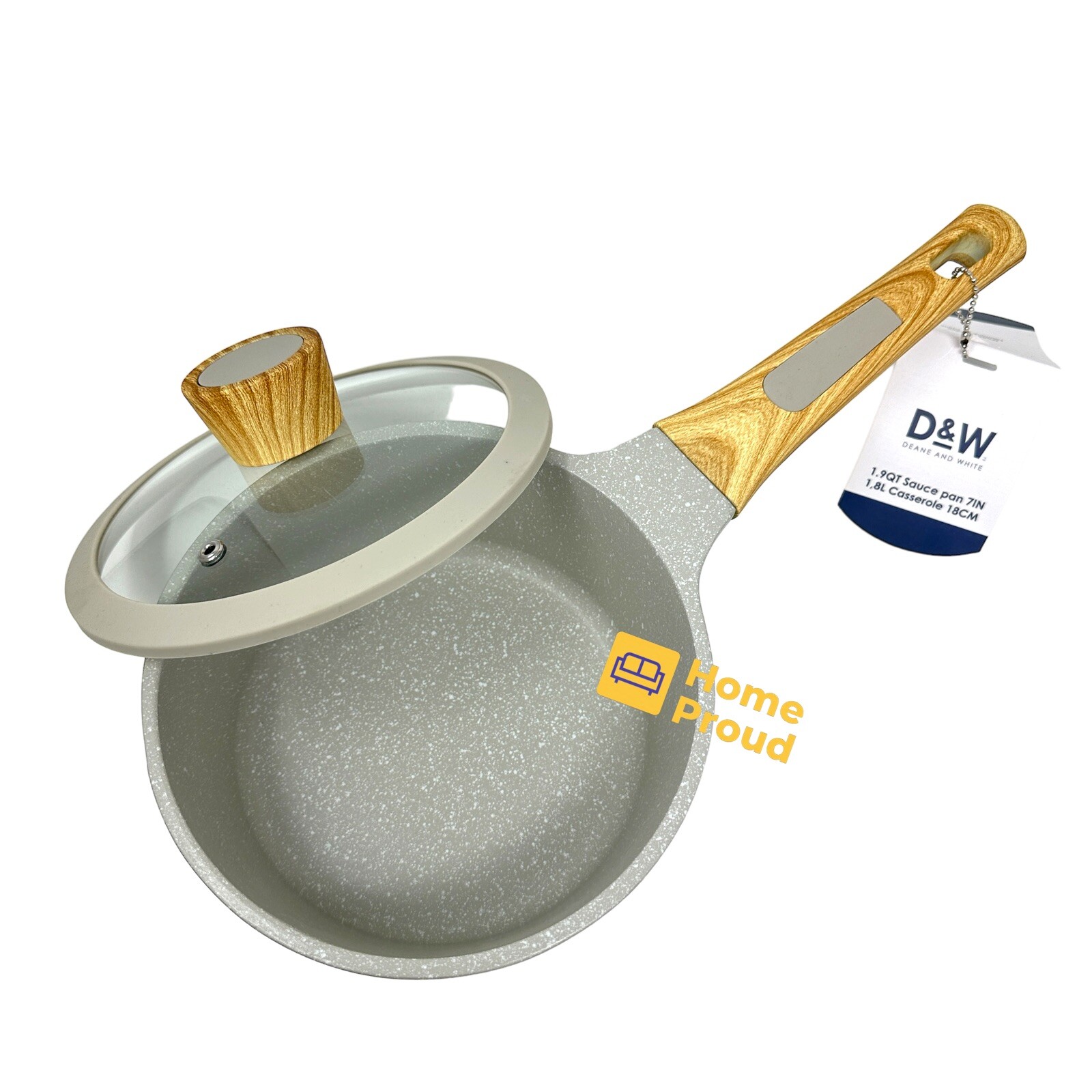 D&W Saucepan Casserole Pot NonStick With Lid 7 inch Small StockPot 1.9 Qt Beige
