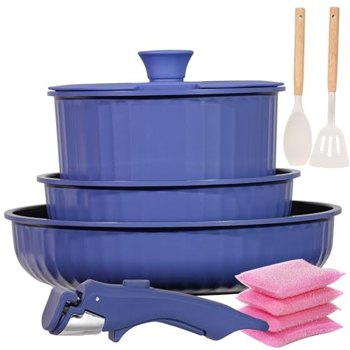 11 Piece Pots and Pans Set Nonstick with Removable Handle, Induction Blue