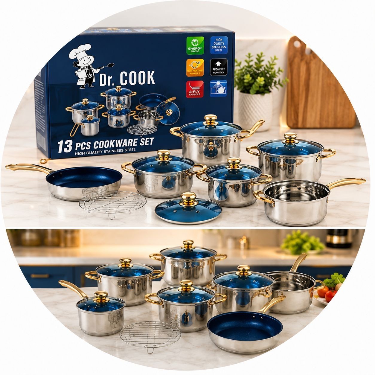 13 Piece Stainless Steel Cookware Set Pots Pans Glass Lids Kitchen Set