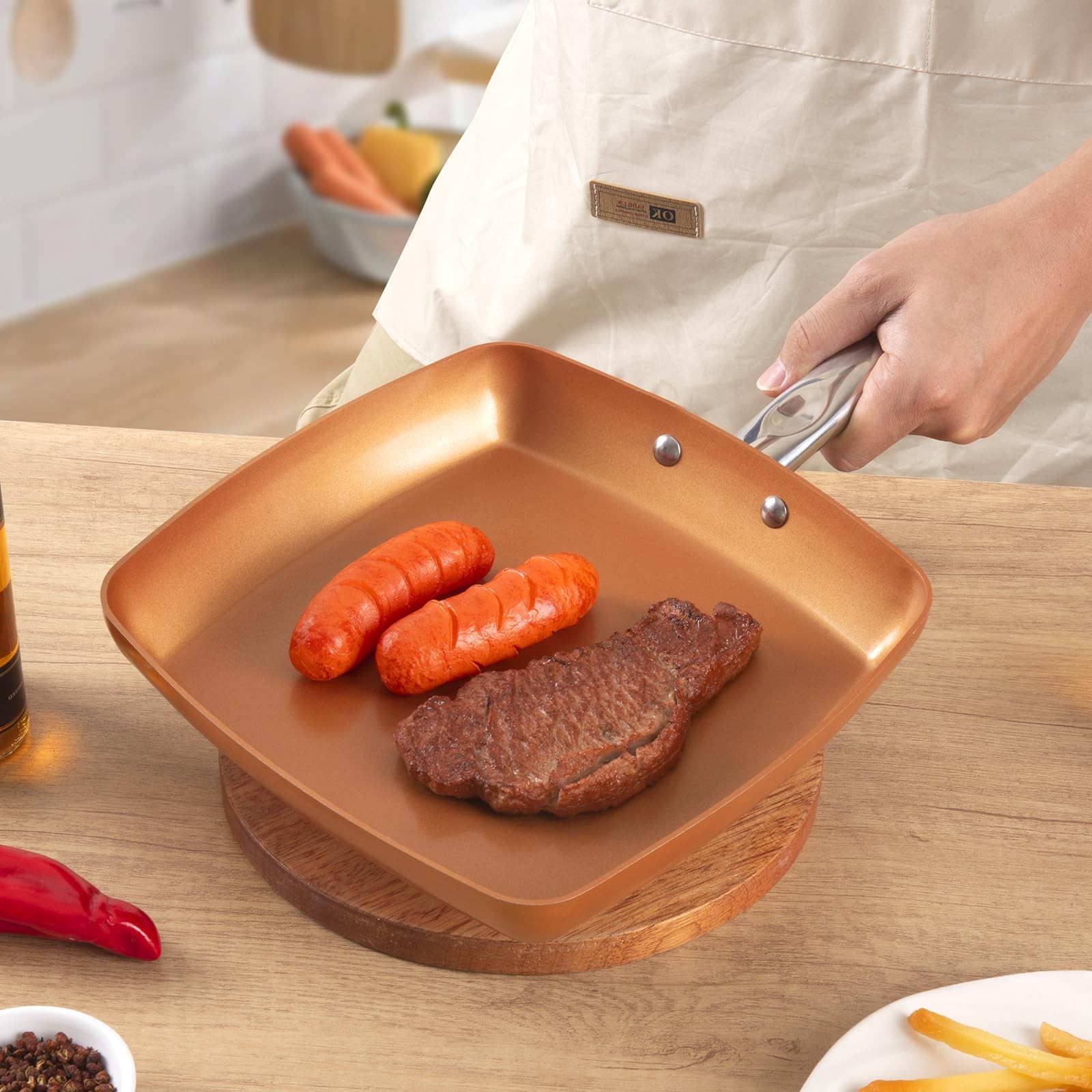 Non-Stick Copper Square Frying Pan, 9.5″ Chef Skillet with Ceramic Coating, O…