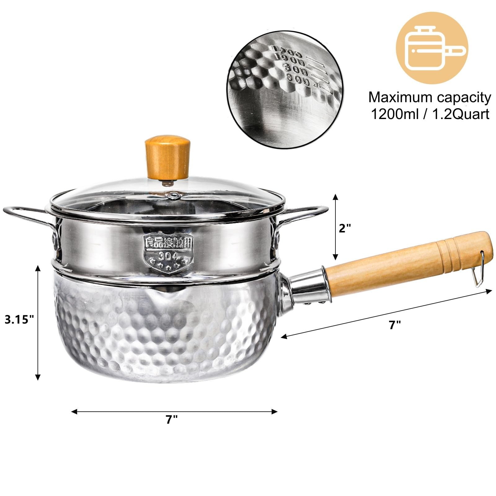 DEAYOU Stainless Steel Saucepan with Steamer, 1.2 Quart Yukihira Sauce Pan wi…