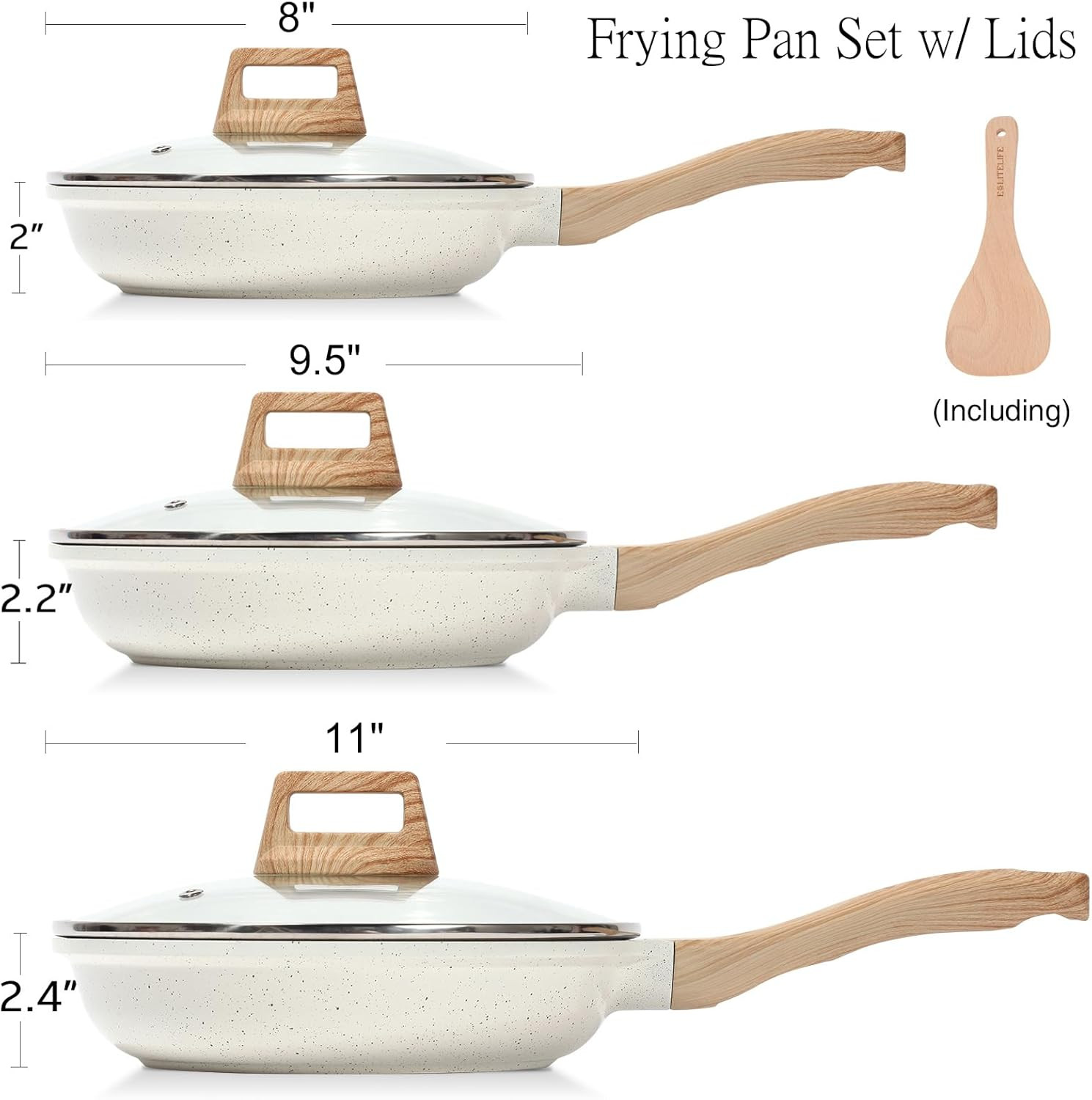 Nonstick Ceramic Frying Pans Set with Lids – Safe for All Stovetops (White)
