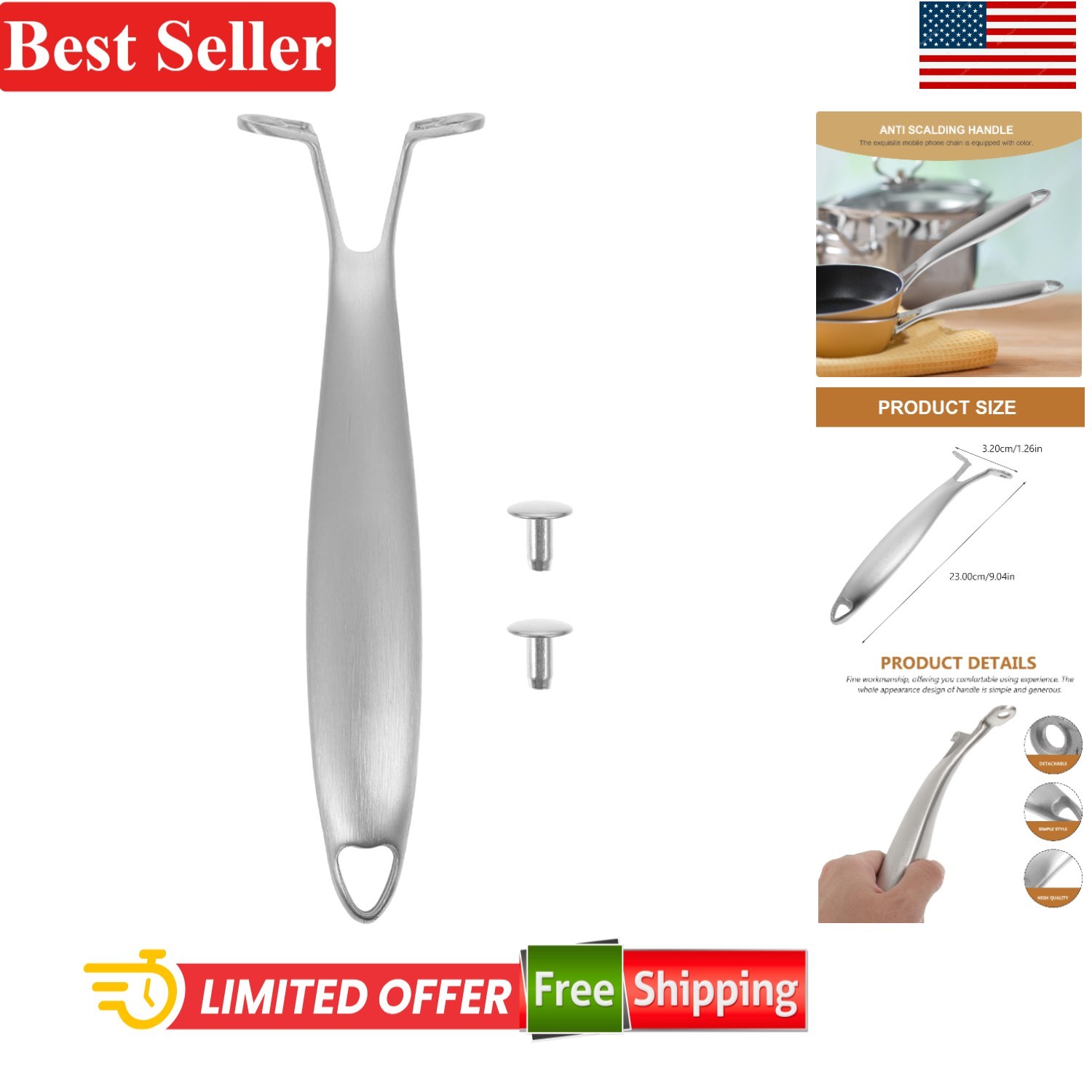 Ergonomic Replacement Handle for Cookware – Polished Stainless Steel Design