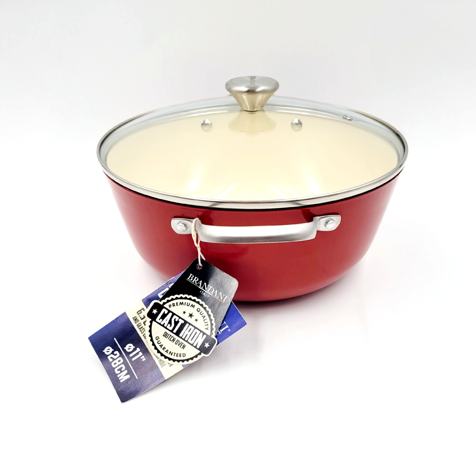 Brandani Italy Light Weight Cast Iron Dutch Oven Stock Pot 6.3qt Red NEW