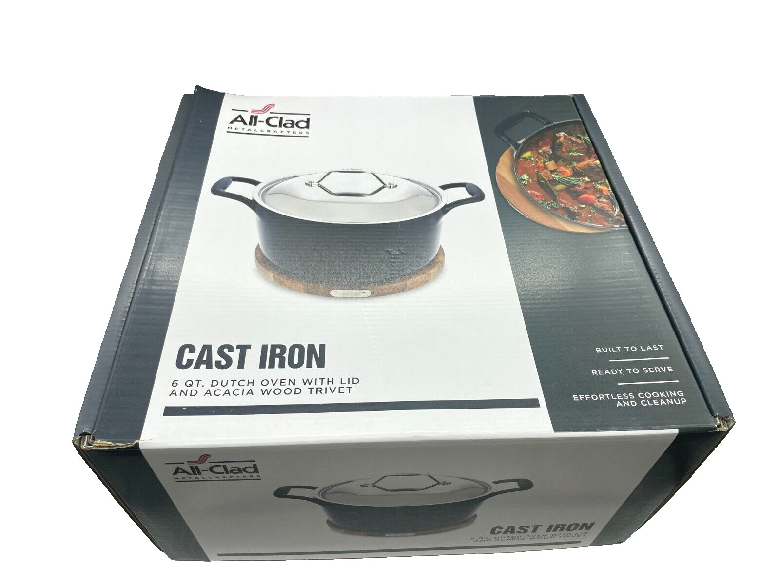 6 Qt All-Clad Cast Iron Enameled Dutch Oven with Acacia Wood Trivet – Box Damage