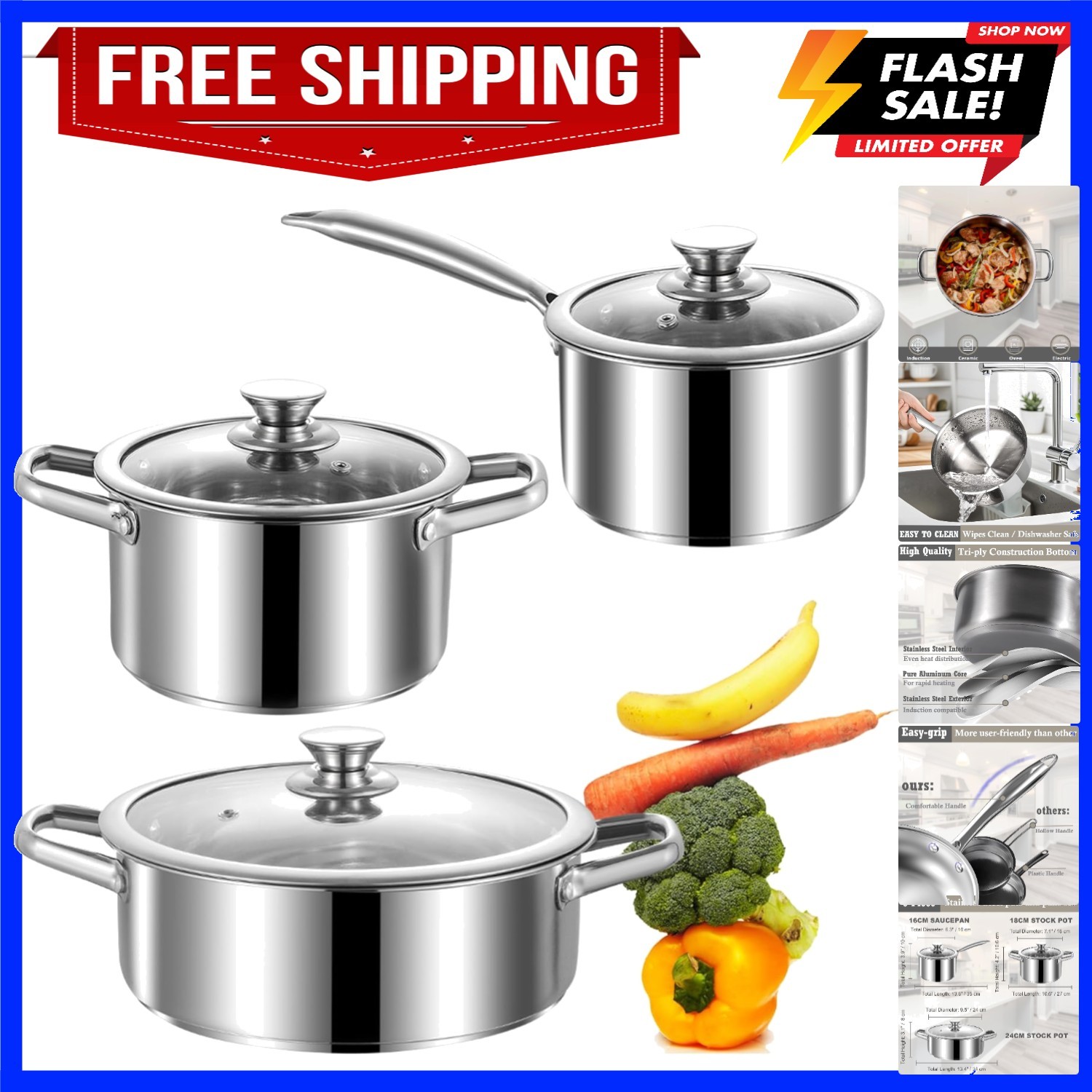 Stainless Steel pots and pans set, 6 Piece Nonstick Induction Kitchen Cookwar…