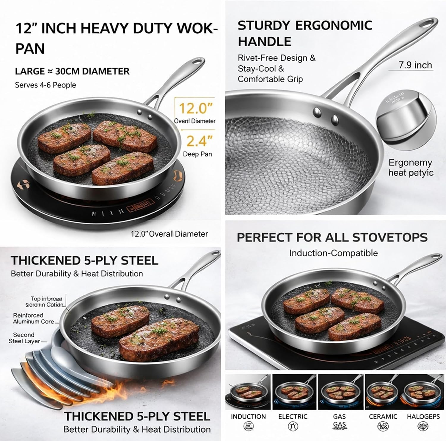 Pure Titanium Hammered Frying Pan with Lid, 12 Inch Skillet, No Coating Cookw…