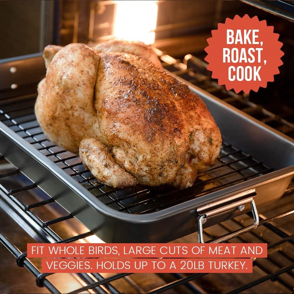 Chef Pomodoro Nonstick Roasting Pan with Rack Turkey Pan Grey