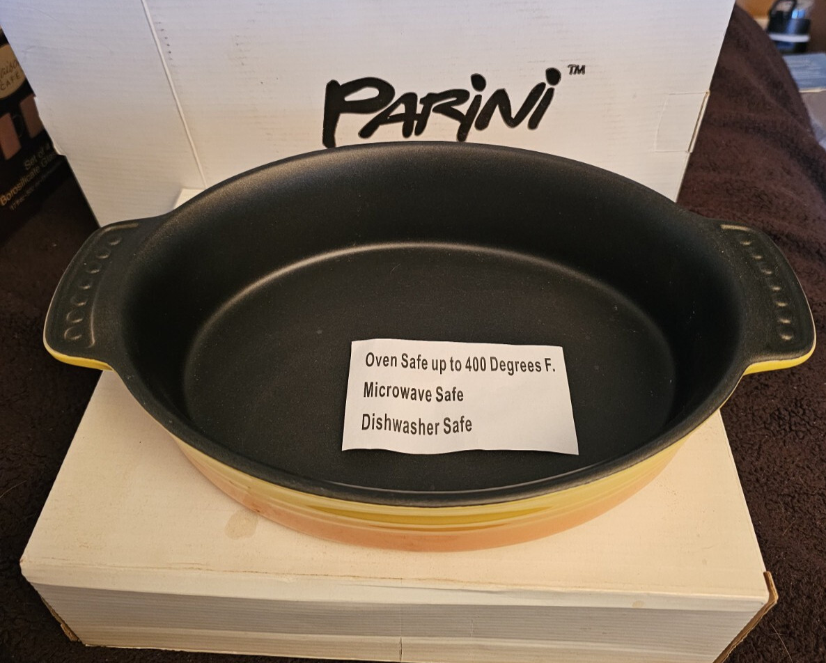 Parini Oval Baker with Lid Yellow Gold Orange 9.5 x 7 In Non-Stick NIB