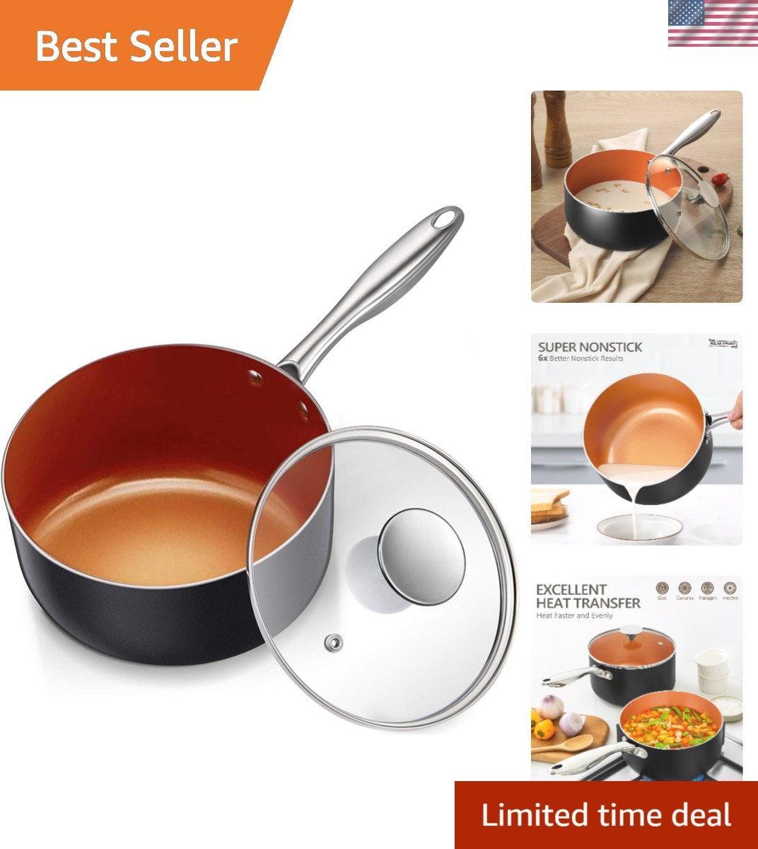 Induction Compatible 2 Quart Nonstick Ceramic Saucepan with Ergonomic Handle