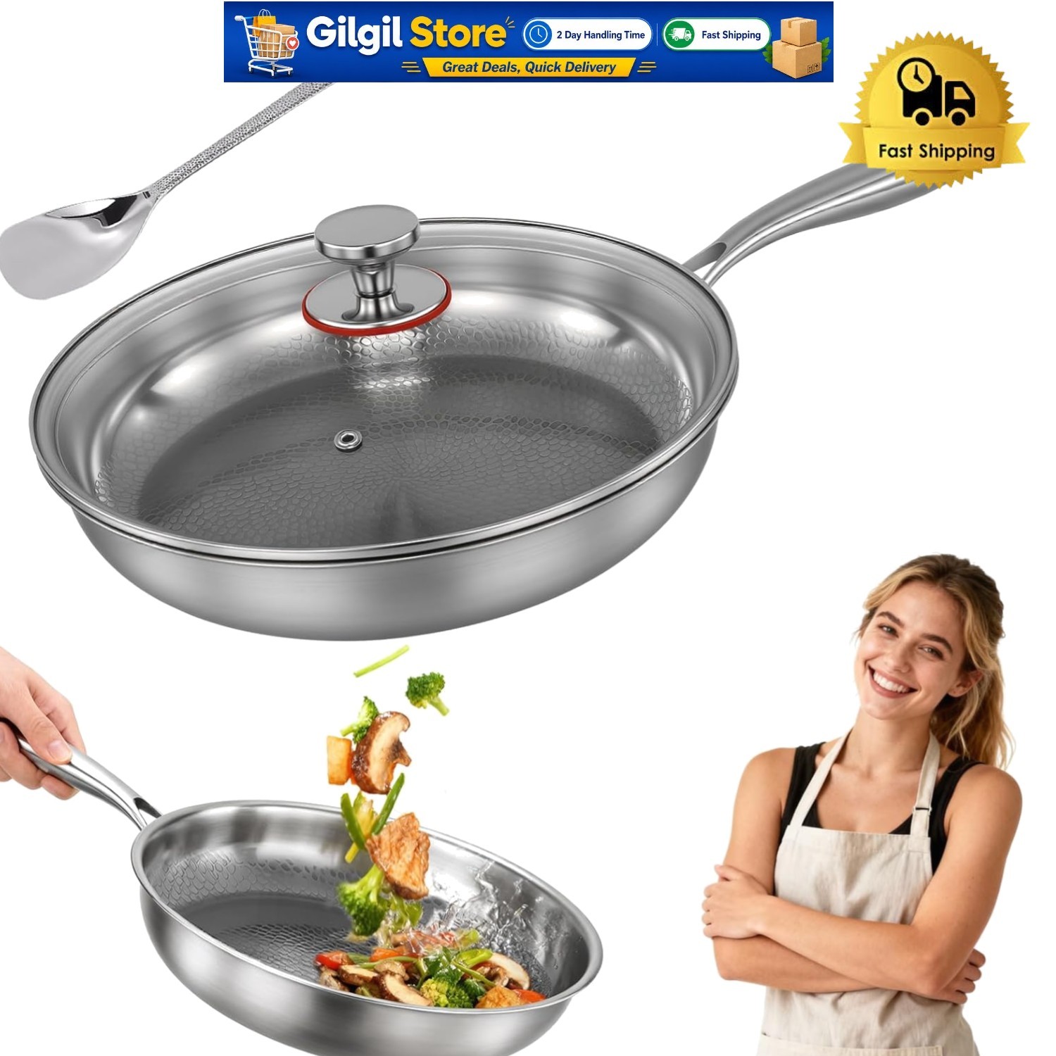 10.2In Titanium Hammered Pan Pro for Cooking, Titanium Pan with Lid