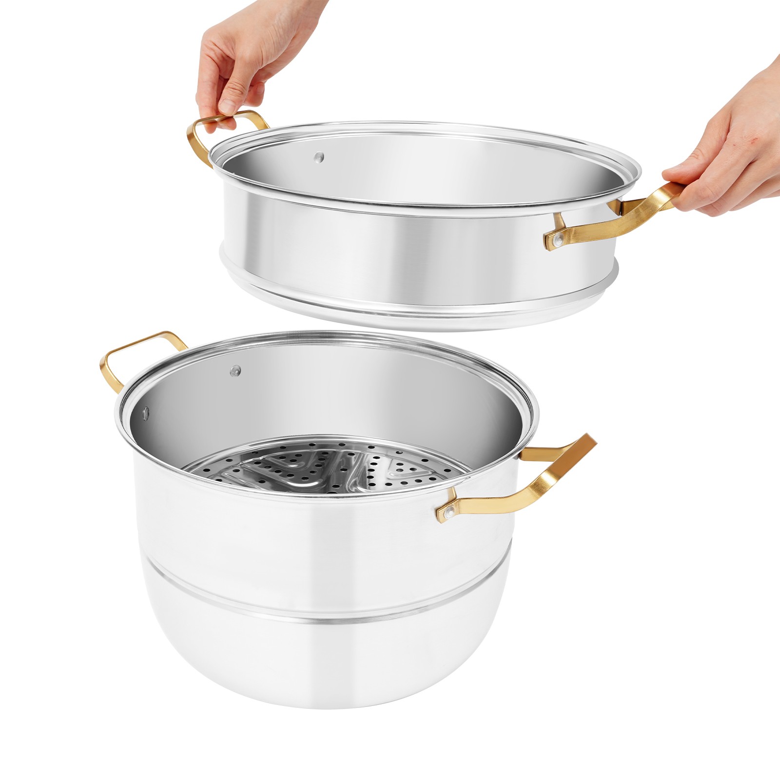 Steam Cooker, Stainless Steel Steam Cooker, 3-tier Steam Cooker Silver+Gold