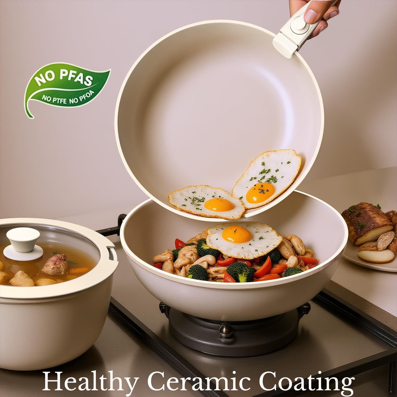 Pots and Pans Set Non Stick, Ceramic Cookware Set Detachable Handle, RV Campi…