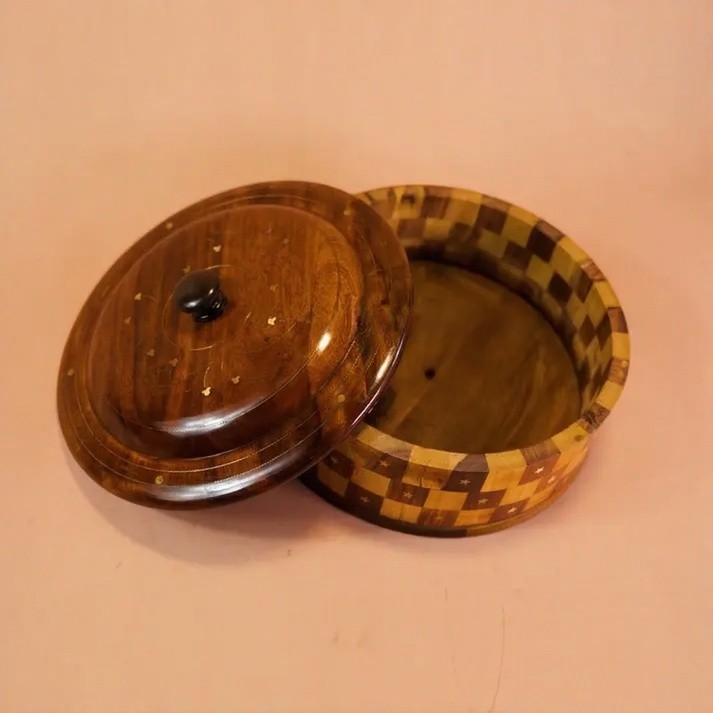 Handmade Wooden Hot Pot Tukri Style Brass Work Food Warmer Serving Bowl Woodenxa