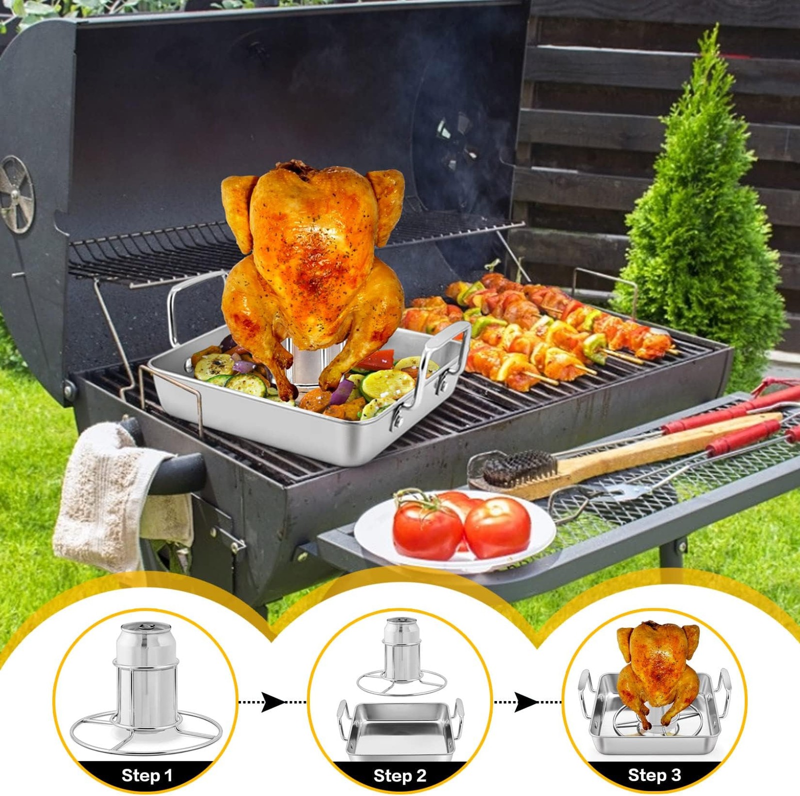 P&P CHEF Beer Can Chicken Holder with Roasting Pan Set, 9-inch Stainless Stee…