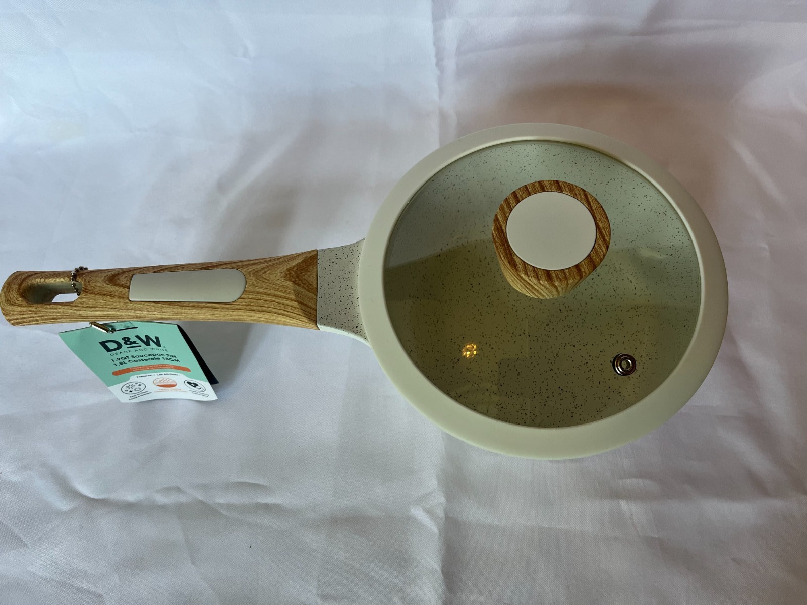 D&W Deane And White Cookware Ceramic Coated 7″ Saucepan with Lid 1.9Q Cream NWT