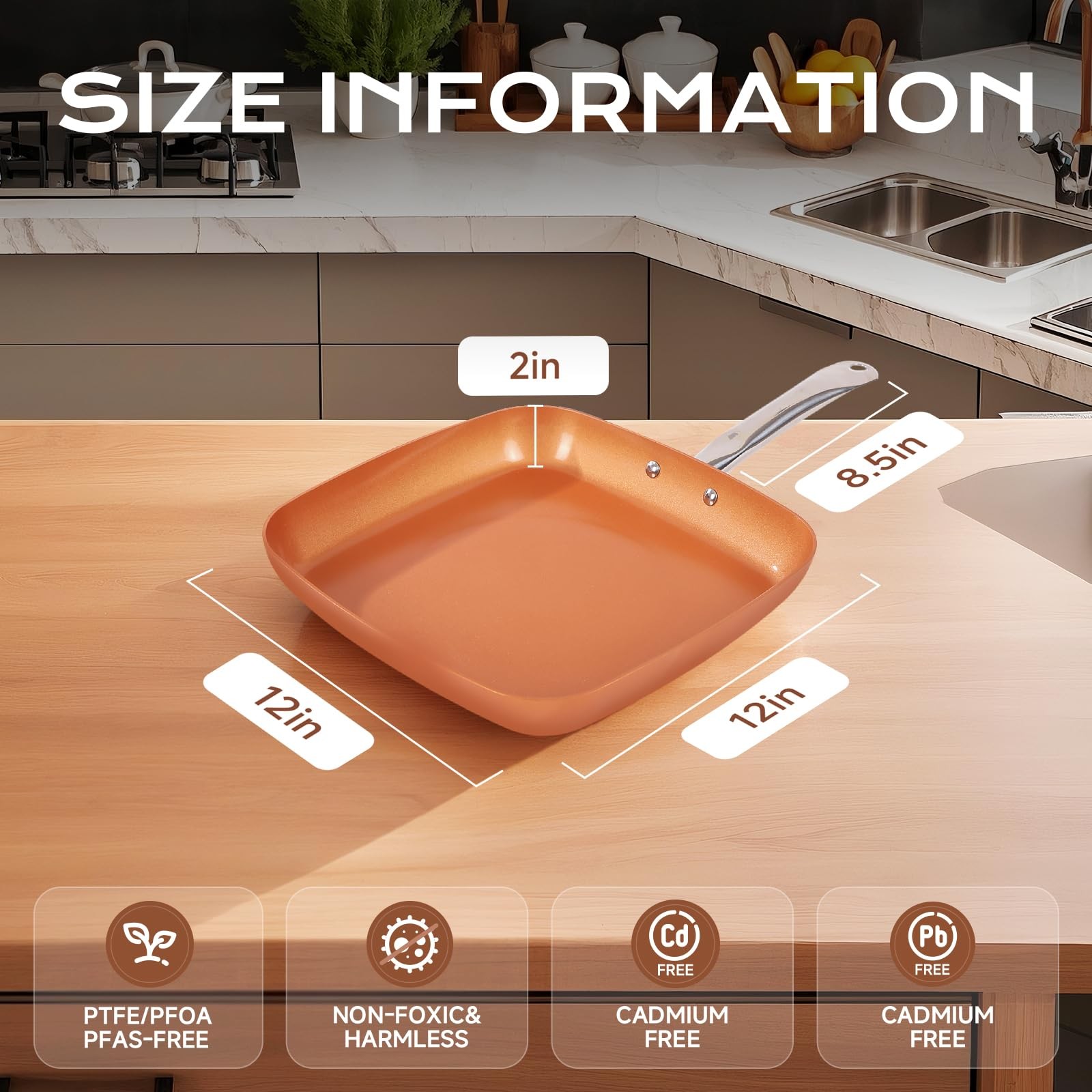 Non-Stick Copper Square Frying Pan, 12″ Chef Skillet with Ceramic Coating, Ov…