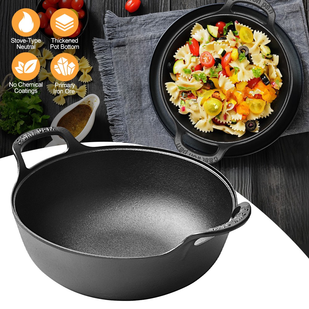 Cast Iron Wok with Handles Grilling Pan 20cm Non-stick Cooking Pot for Camping
