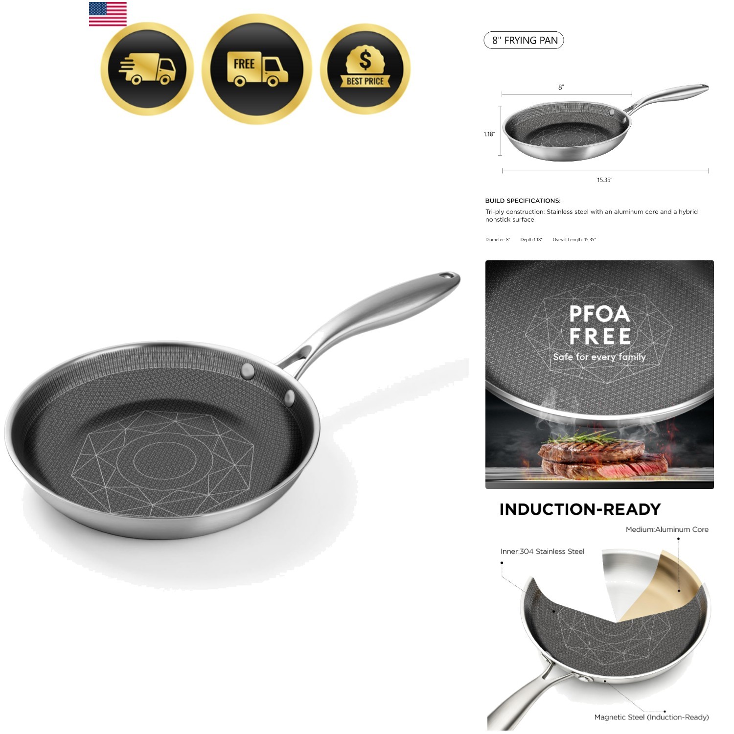 8-Inch Stainless Steel Pan, Hybrid Nonstick Frying Pan – 3-Ply Clad Cookware,…