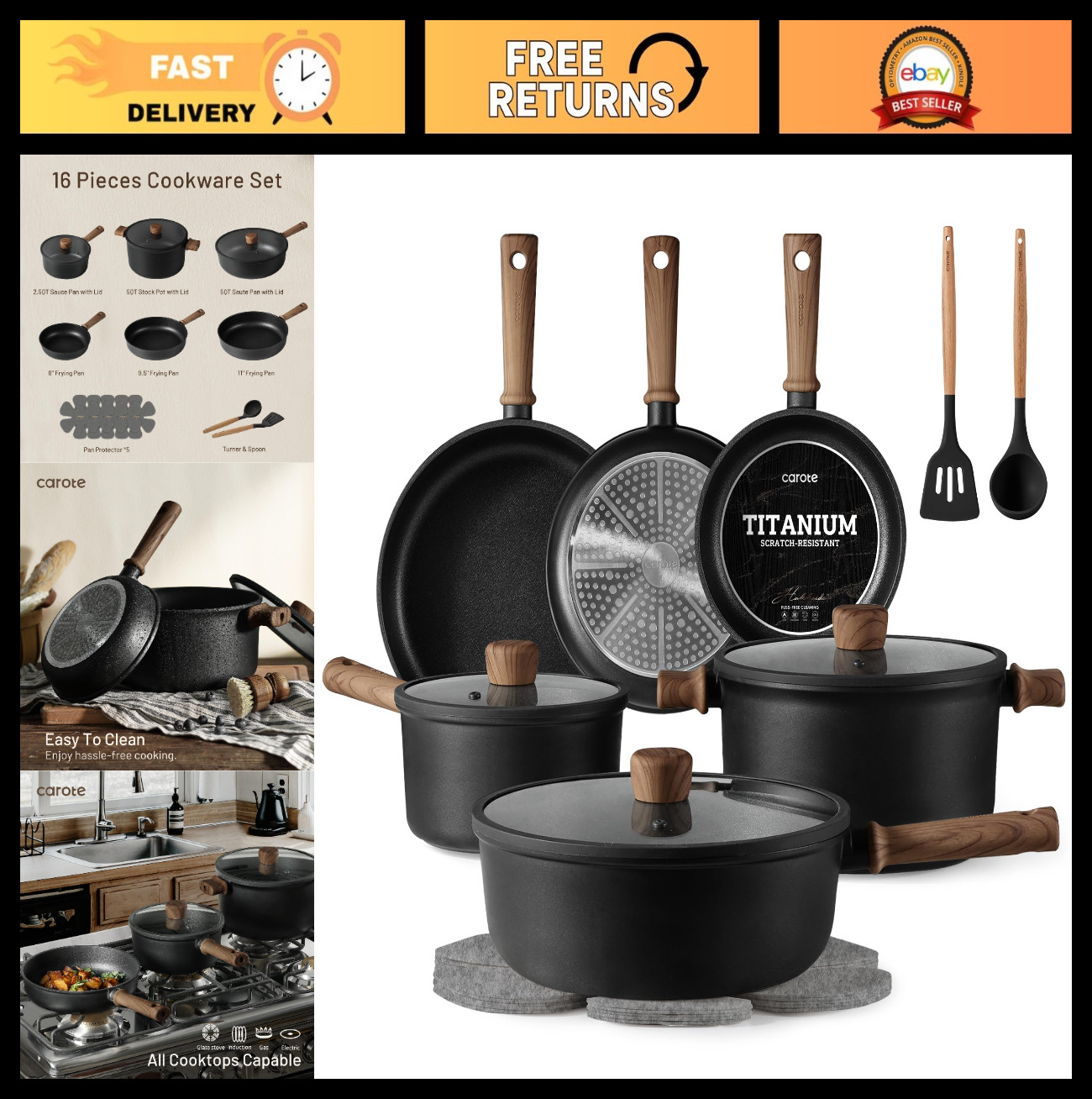 16-Piece Nonstick Cookware Set – Induction Titanium Pots & Pans, Frying Pan, PFO