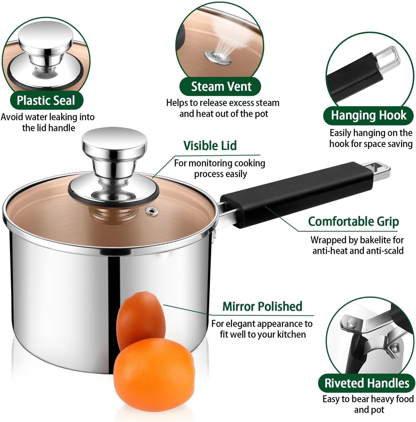 Saucepan with Lid, 2 Qt Sauce Cooking Pot Milk Pan Stainless Steel, Professional