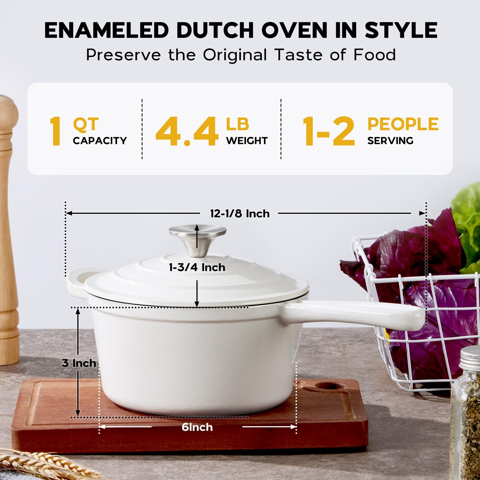 1 QT White Enameled Cast Iron Sauce Pan Dutch Oven Pot With Lid Nonstick