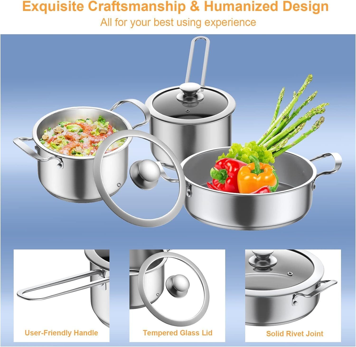 Stainless Steel Pots & Pans Set 6 Pcs Nonstick Kitchen Induction Cookware Silver