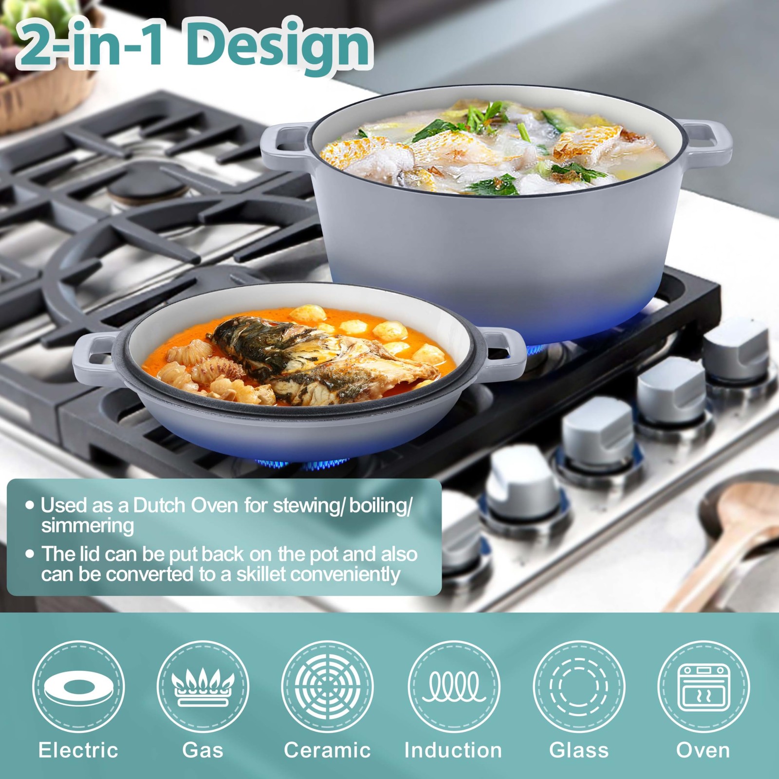 Teamfar 5 Quart Enameled Cast Iron Dutch Oven 2-In-1 Dutch Oven Pot Cookware