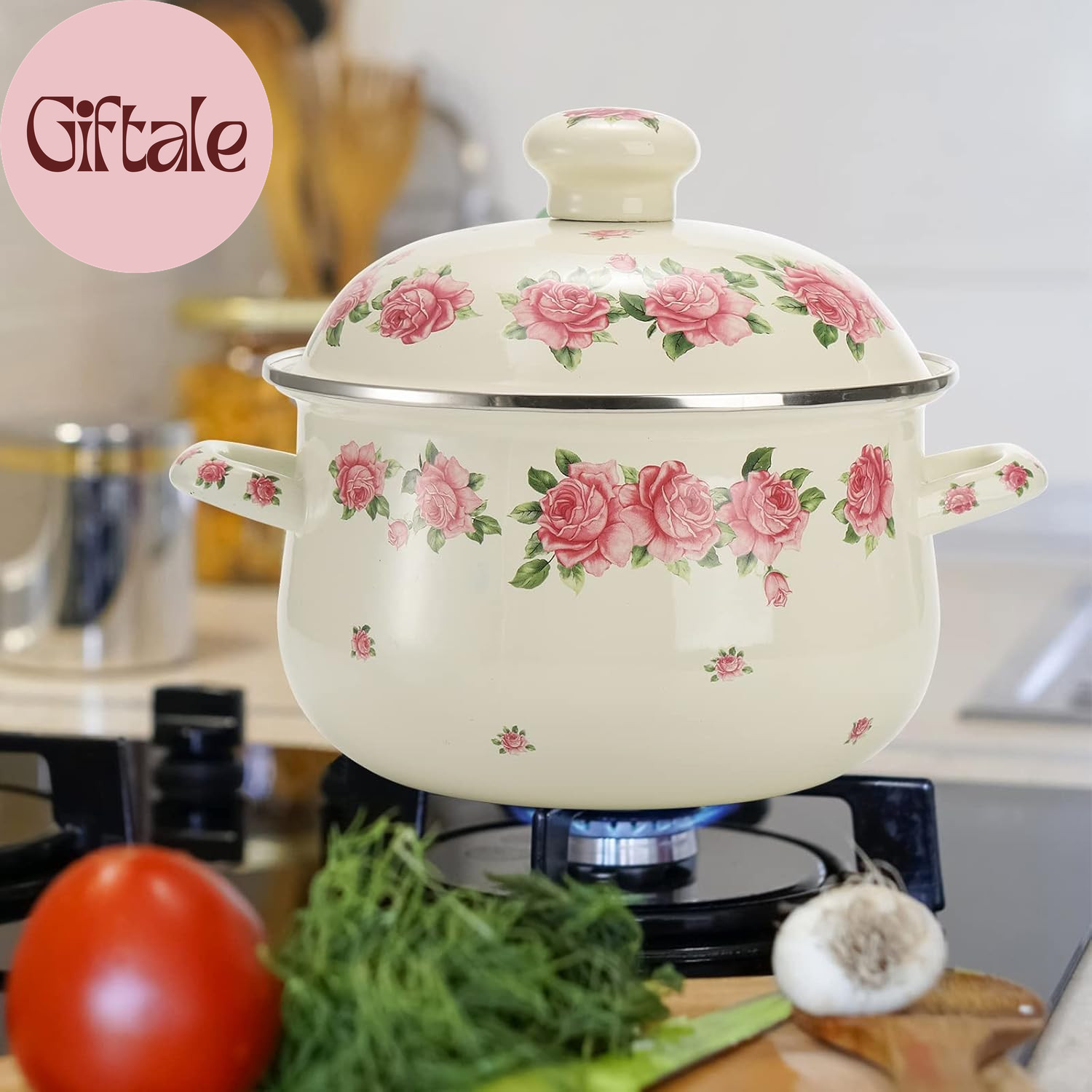 Enamel Stockpot with Lid, 2.8 Quart Retro Cooking Pot, Vintage Floral Stew Bean