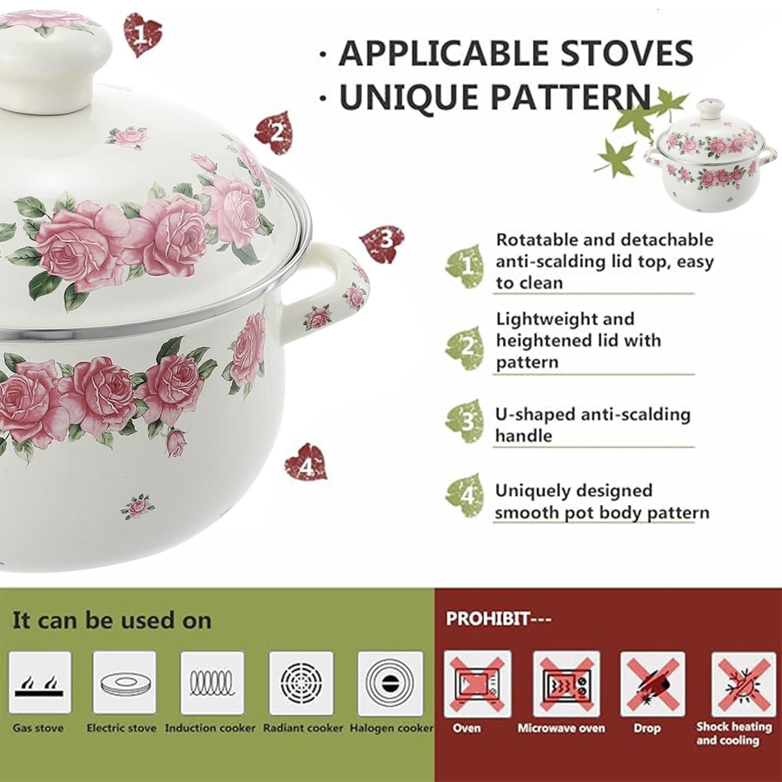 Retro Flower Enamel Stockpot with Lid,Stockpots for Cooking Pink -5QT