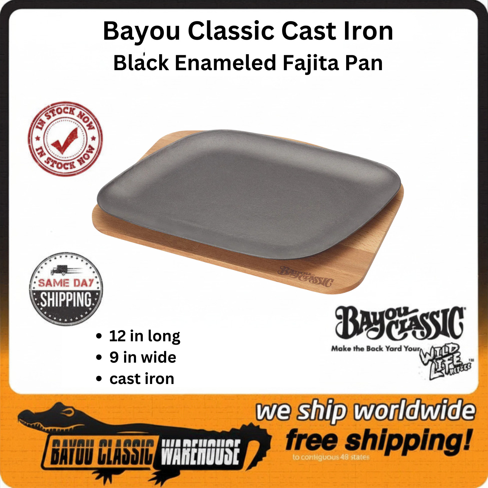 Bayou Classic Cast Iron Black Enameled Fajita Pan 7708B
