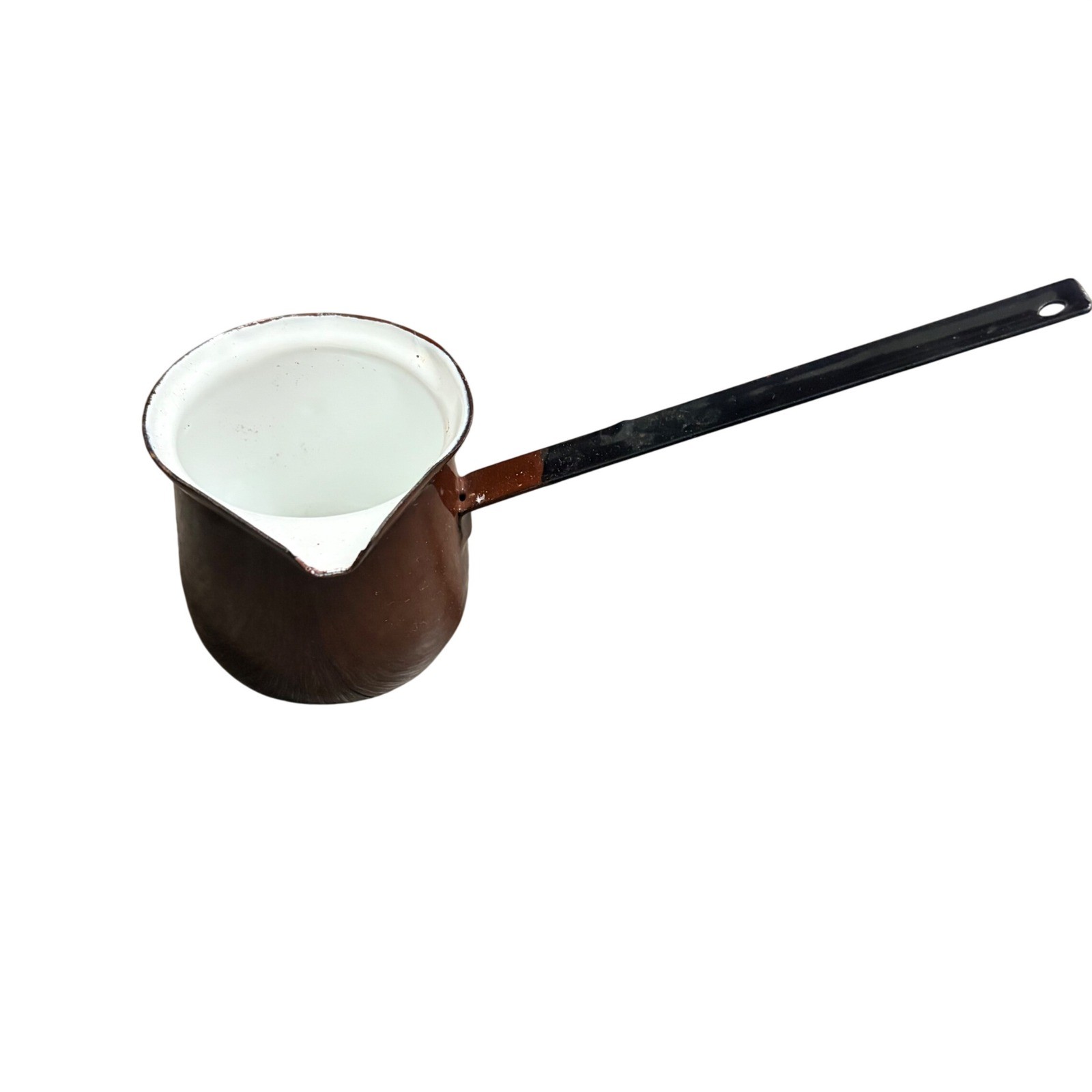 Vintage Brown Enamelware Turkish Coffee Pot Butter Warmer Long Handle Spout