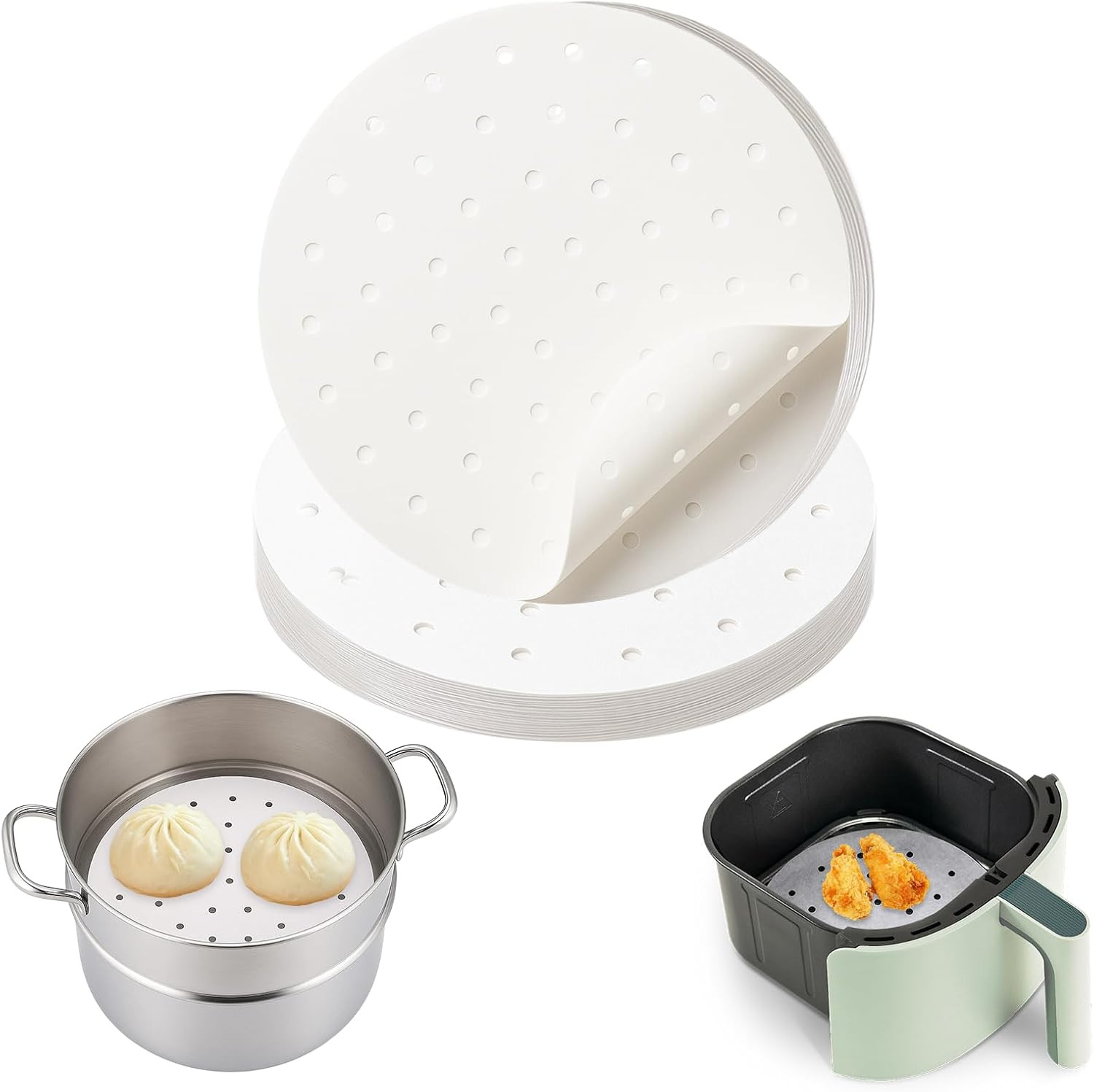 200 PCS Non-Stick Bamboo Steamer Paper, 10″ round Liners with Holes for Steamer