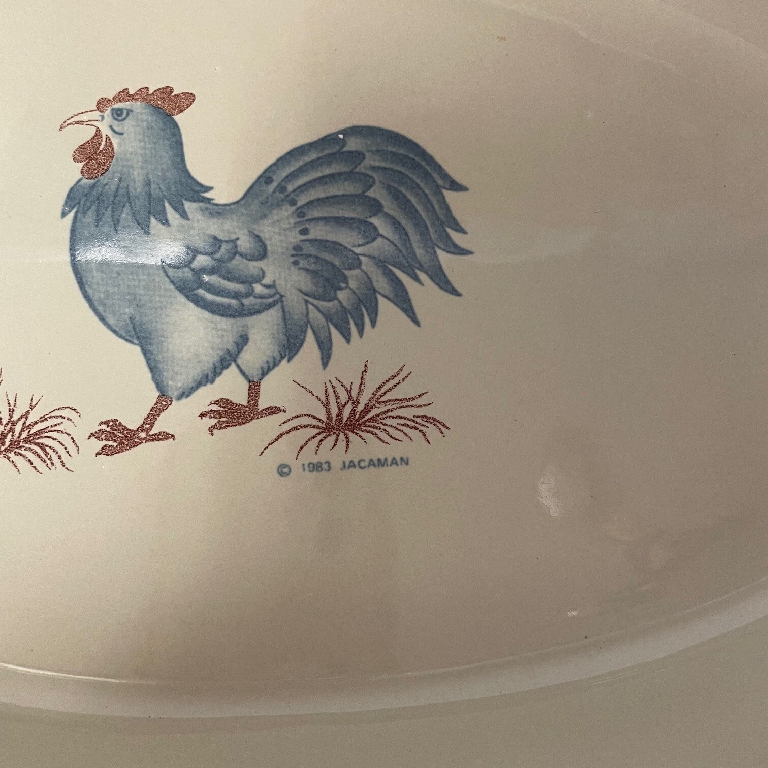 Oval Casserole Blue Rooster On Grey Stoneware By Jacaman Vintage 1983 Nice