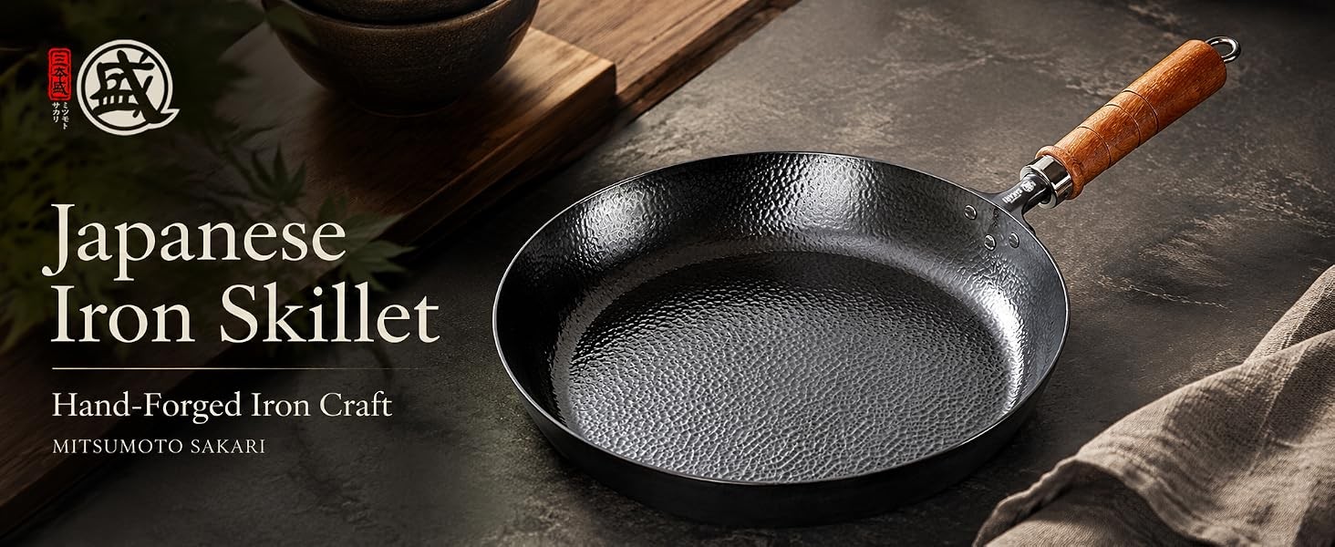 11-Inch Japanese Iron Skillet, Flat Bottom | No synthetic coating, hammered iron