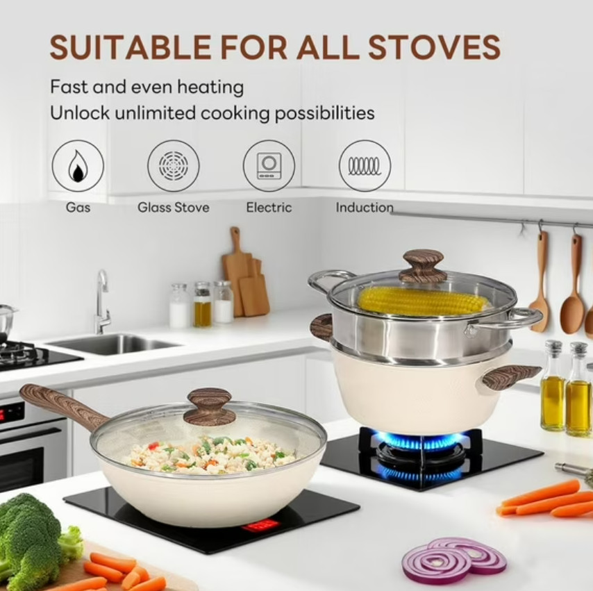Gianna 17 Pcs Non-Stick Pots and Pans, Non-toxic Kitchen Cooking Set with Stay-C