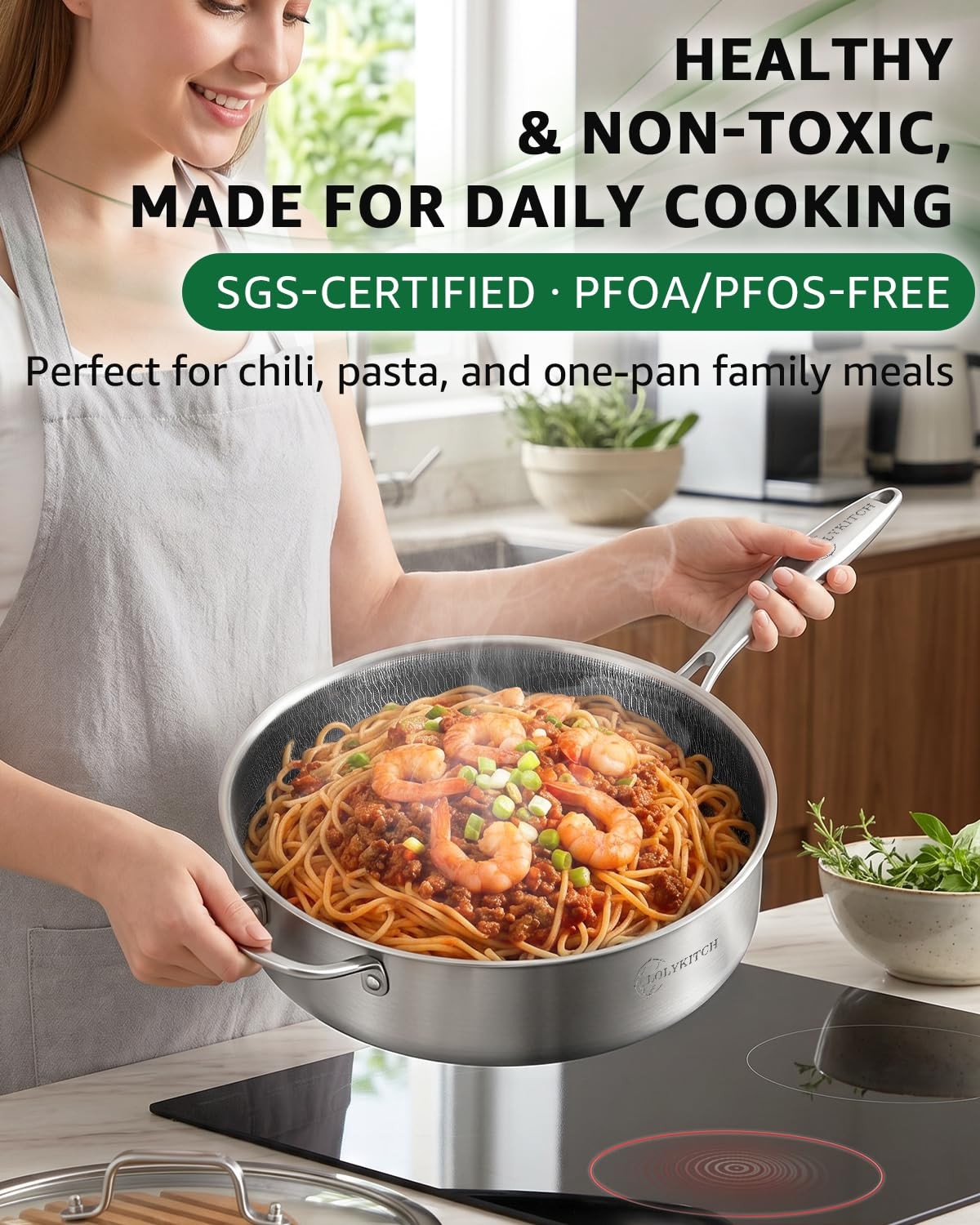 6 QT Large Skillet with Lid, 12 Inch Nonstick Deep Frying Pan, Tri-Ply Stainl…