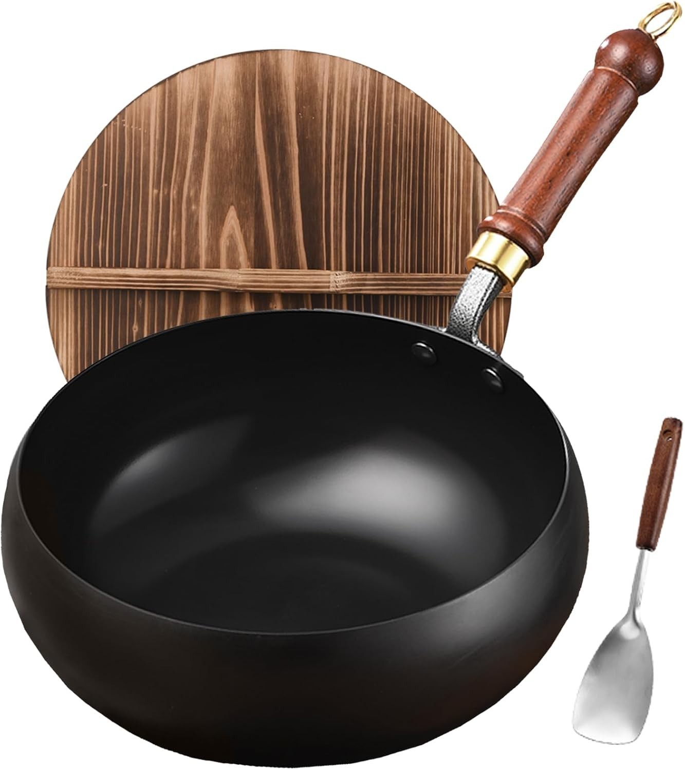 Carbon Steel Wok Pan, 9.5″ Woks & Stir-Fry Pans with Wooden Lid Cookwares, Nonst