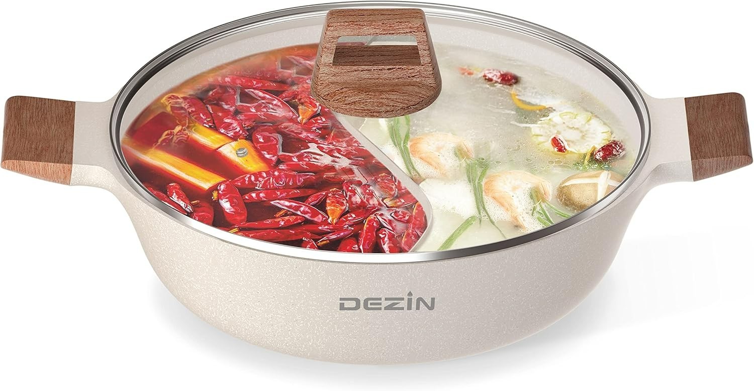 Divided Cooking Pan Non Stick Hot Pot Dual Sided 12 inch 5 Quarts Stockpot Beige