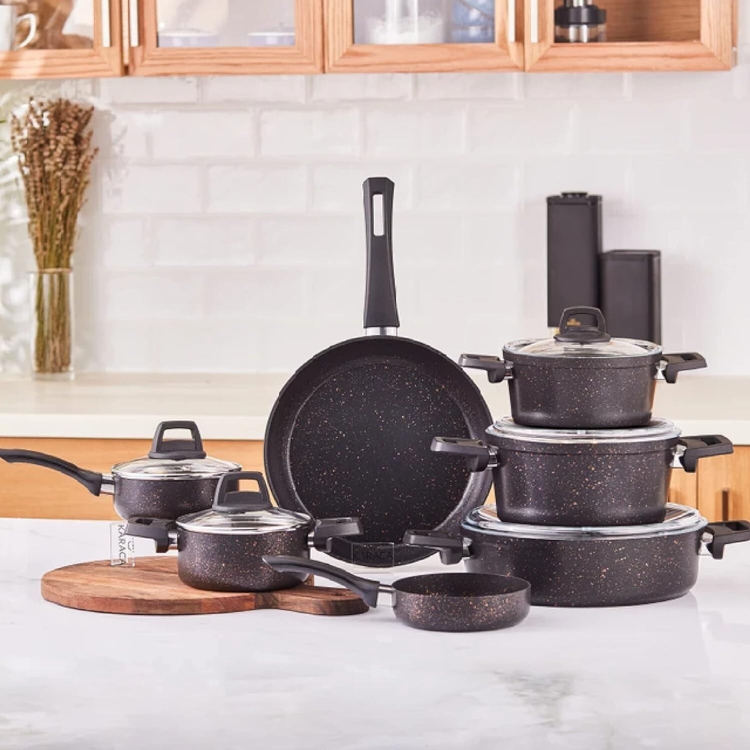 Biogranite Non-Stick Cookware Set – 12 Pieces – Black&Gold- Rosegold Finish