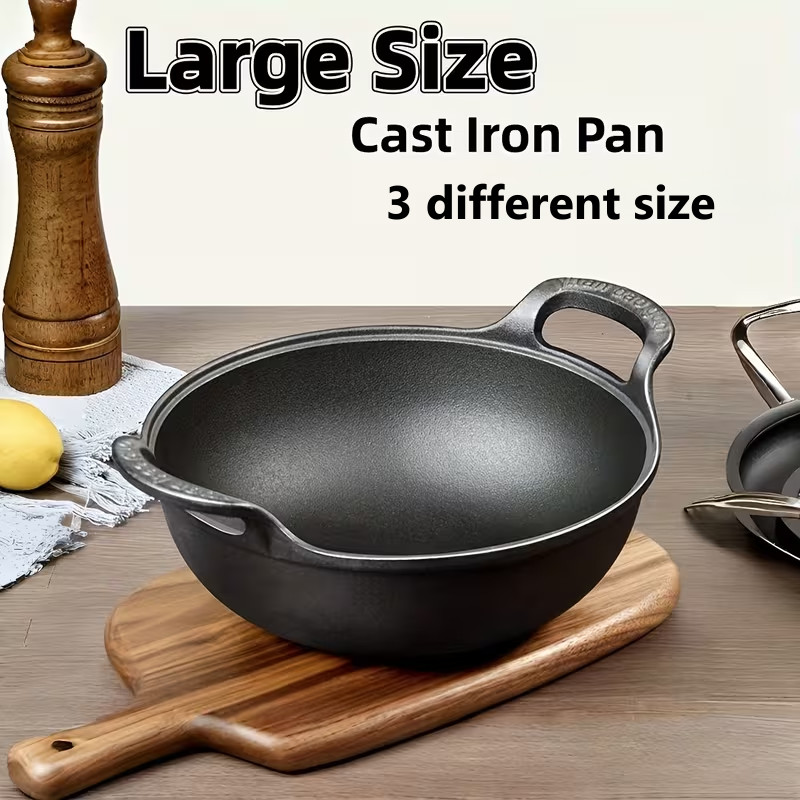 3 Sizes Cast Iron Wok, Heavy-Duty Cast Iron Skillet