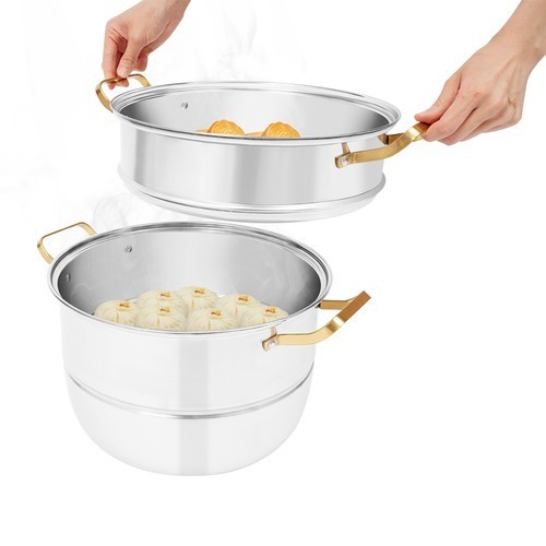 Steam Cooker, Stainless Steel Steam Cooker, 3-tier Steam Cooker Silver+Gold