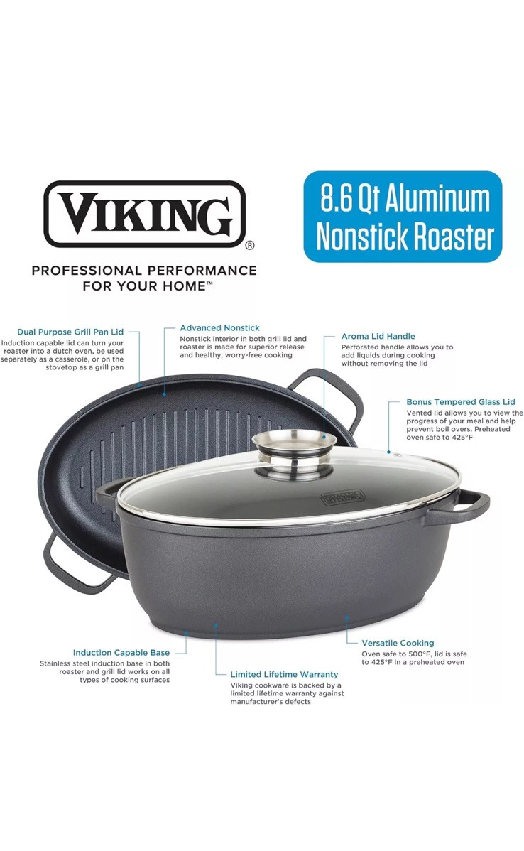 Viking Culinary 3-in-1 8.6 Qt Die Cast Oval Roaster with Glass Lid BRAND NEW BOX