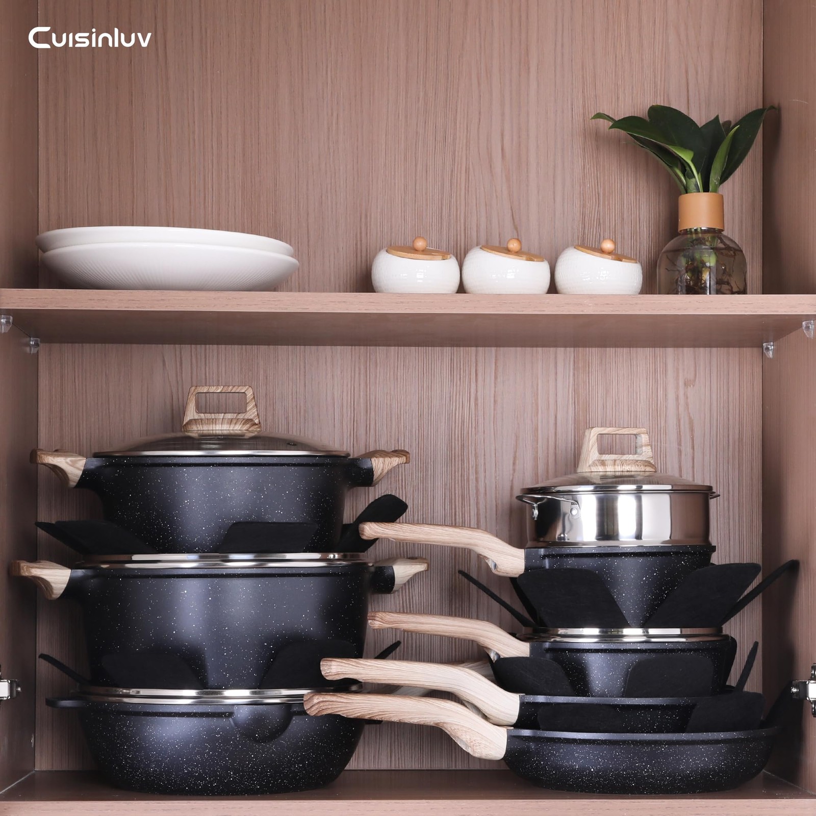Pots and Pans Set, Nonstick Kitchen Cookware Sets，23Pcs Black Granite Inducti…