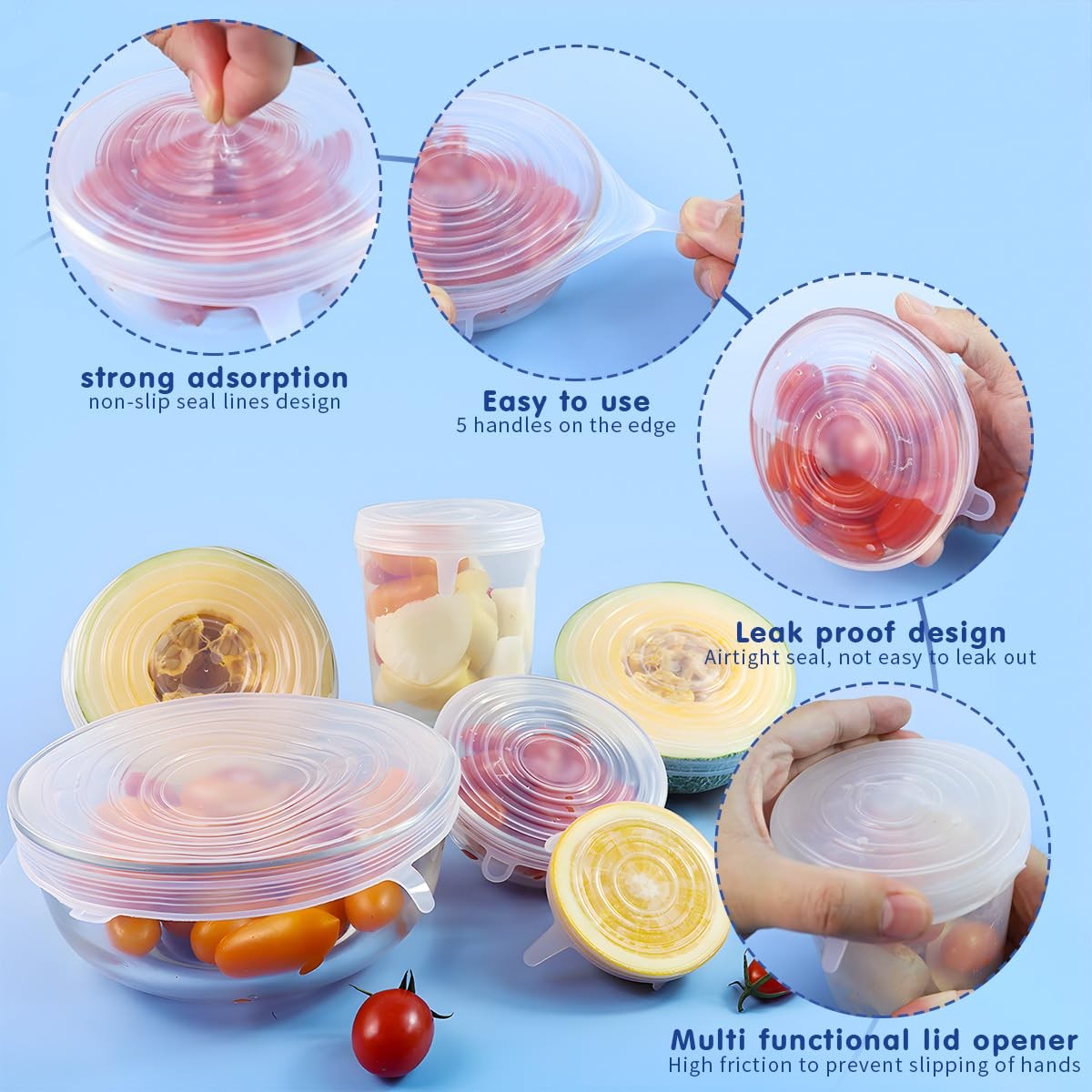 12 Pcs Reusable Silicone Stretch Lids Bowl Covers Flexible Food Storage Covers