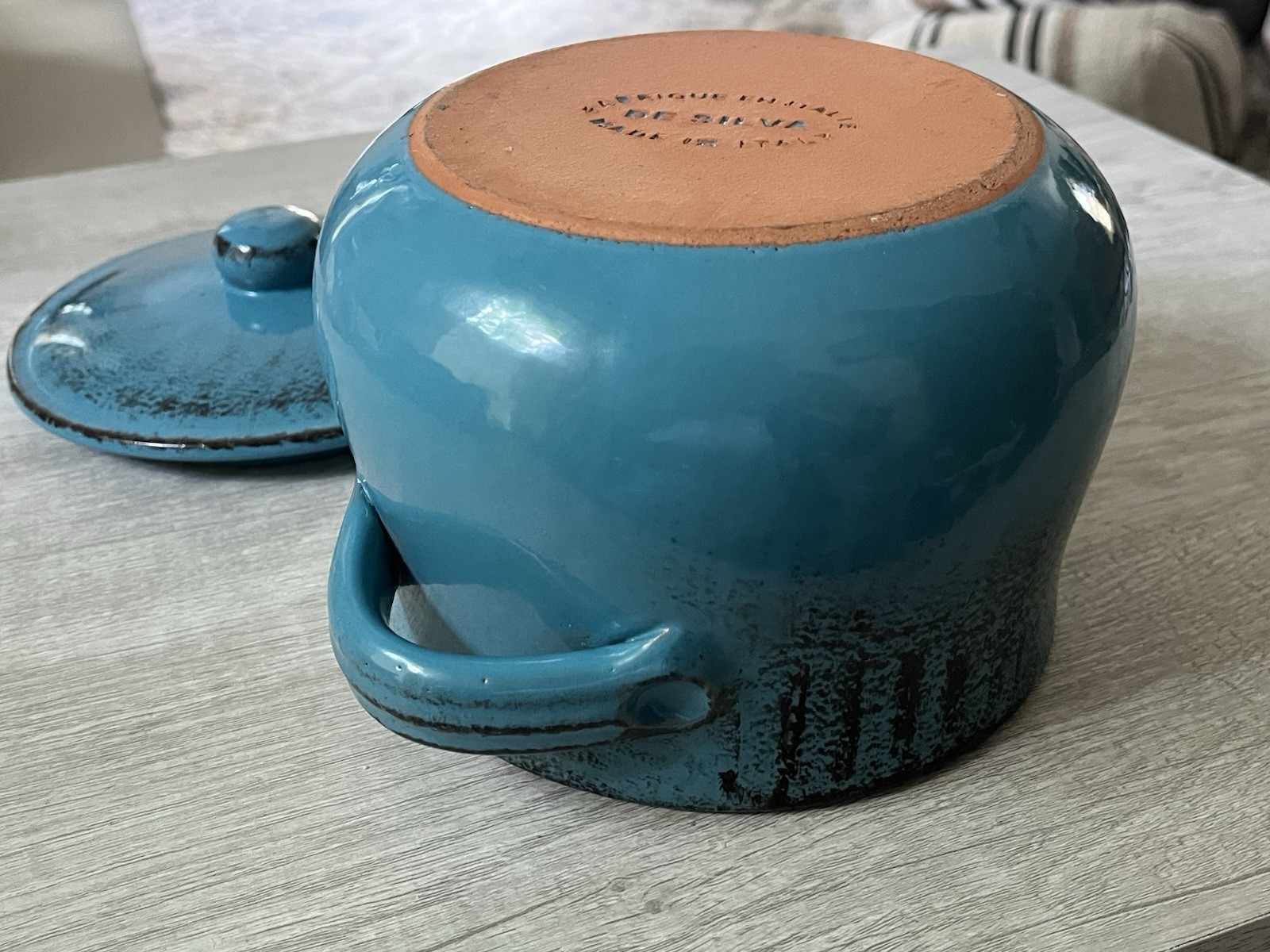 De Silva Bean Pot Made in Italy Glazed Teal Blue Heavy Duty