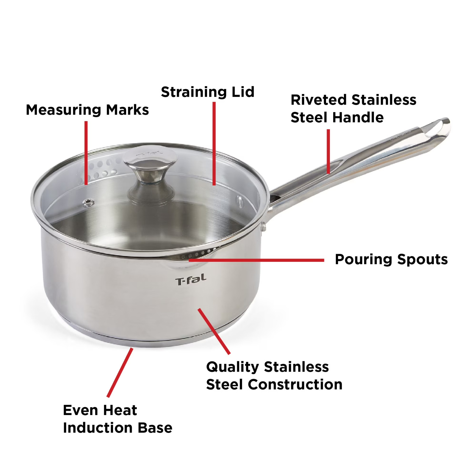 T-fal Cook & Strain Stainless Steel Cookware, Sauce Pan with lid, 3 quart