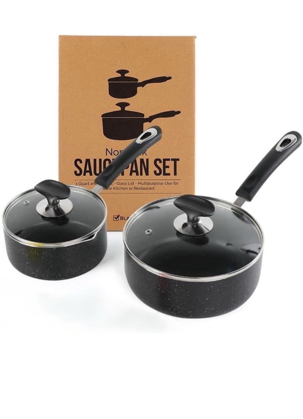 Nonstick Black Saucepan Set 1qt & 2qt Glass Lids Two-Piece Dishwasher Safe