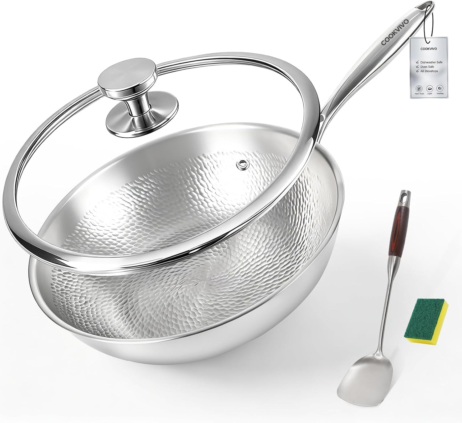 12.6 Inch Titanium Wok Pan with Lid, Pure Titanium Hammered Pro Pan, No Coating
